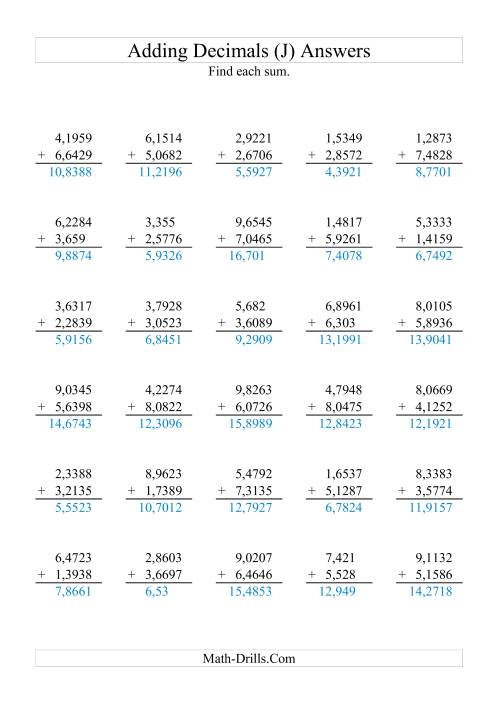 The Adding Decimals (Range 1,0001 to 9,9999) (J) Math Worksheet Page 2