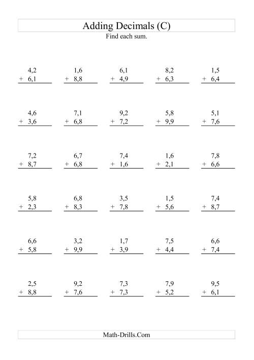 The Adding Decimals (Range 1,1 to 9,9) (C) Math Worksheet