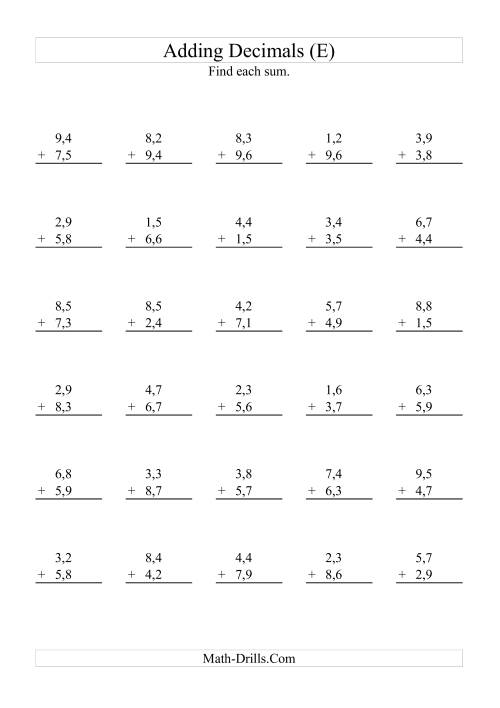 The Adding Decimals (Range 1,1 to 9,9) (E) Math Worksheet