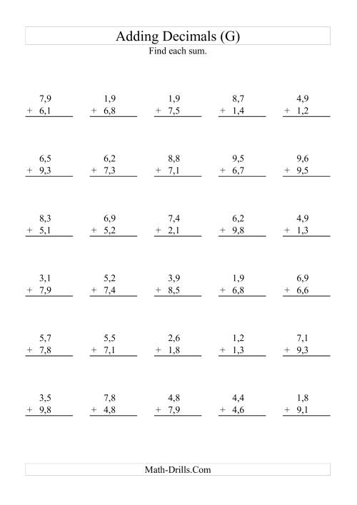 The Adding Decimals (Range 1,1 to 9,9) (G) Math Worksheet