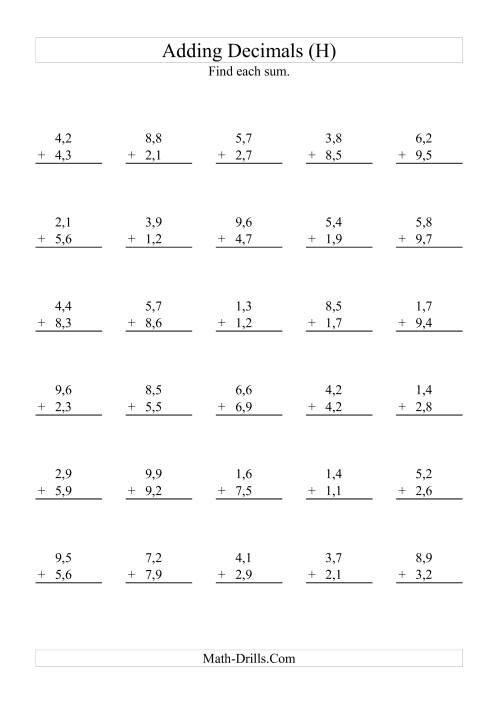 The Adding Decimals (Range 1,1 to 9,9) (H) Math Worksheet