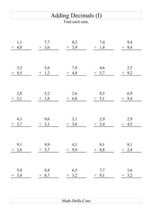 The Adding Decimals (Range 1,1 to 9,9) (I) Math Worksheet