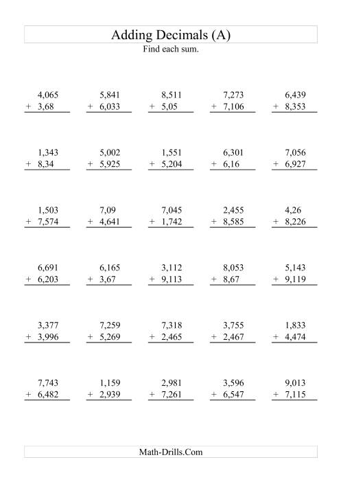 The Adding Decimals (Range 1,001 to 9,999) (A) Math Worksheet