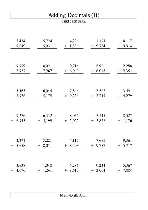 The Adding Decimals (Range 1,001 to 9,999) (B) Math Worksheet