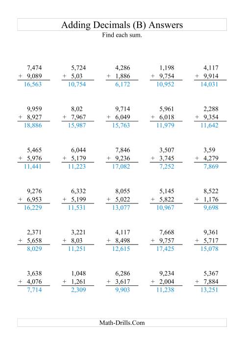 The Adding Decimals (Range 1,001 to 9,999) (B) Math Worksheet Page 2