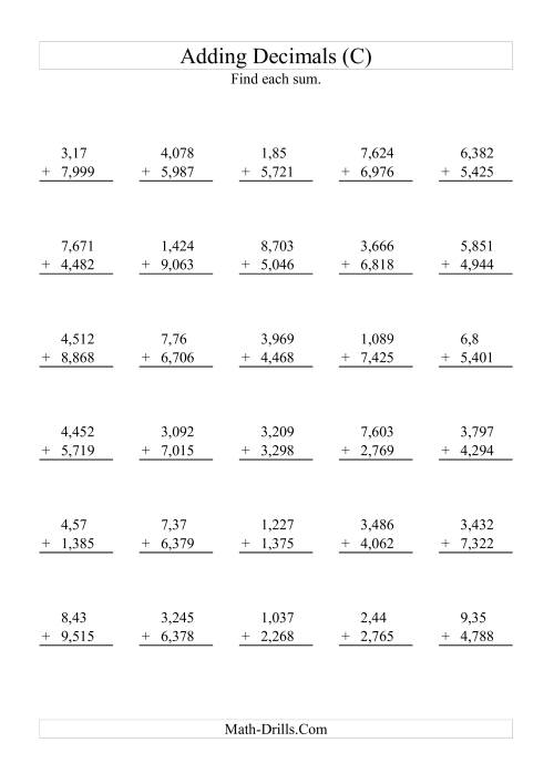 The Adding Decimals (Range 1,001 to 9,999) (C) Math Worksheet