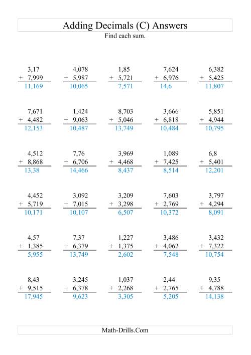 The Adding Decimals (Range 1,001 to 9,999) (C) Math Worksheet Page 2