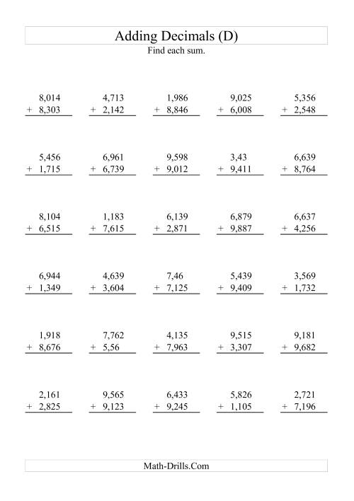 The Adding Decimals (Range 1,001 to 9,999) (D) Math Worksheet