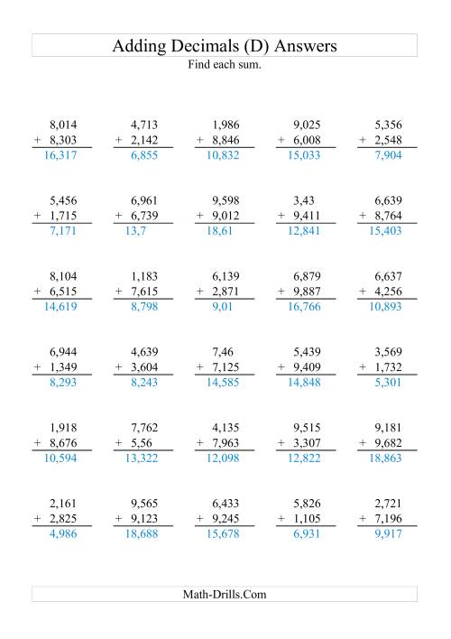 The Adding Decimals (Range 1,001 to 9,999) (D) Math Worksheet Page 2