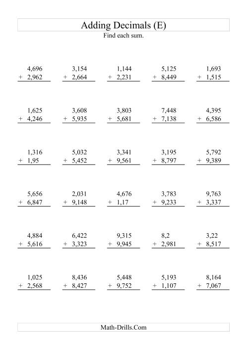 The Adding Decimals (Range 1,001 to 9,999) (E) Math Worksheet