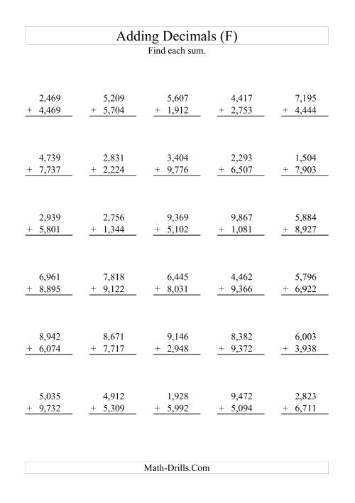The Adding Decimals (Range 1,001 to 9,999) (F) Math Worksheet