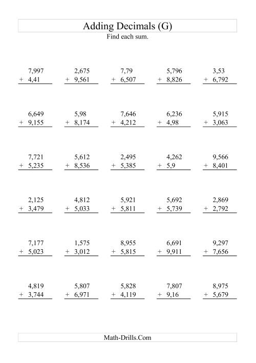 The Adding Decimals (Range 1,001 to 9,999) (G) Math Worksheet