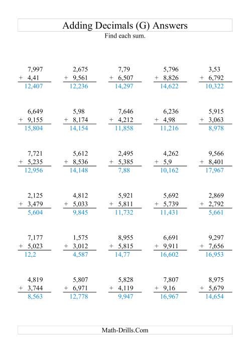 The Adding Decimals (Range 1,001 to 9,999) (G) Math Worksheet Page 2