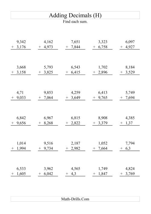 The Adding Decimals (Range 1,001 to 9,999) (H) Math Worksheet