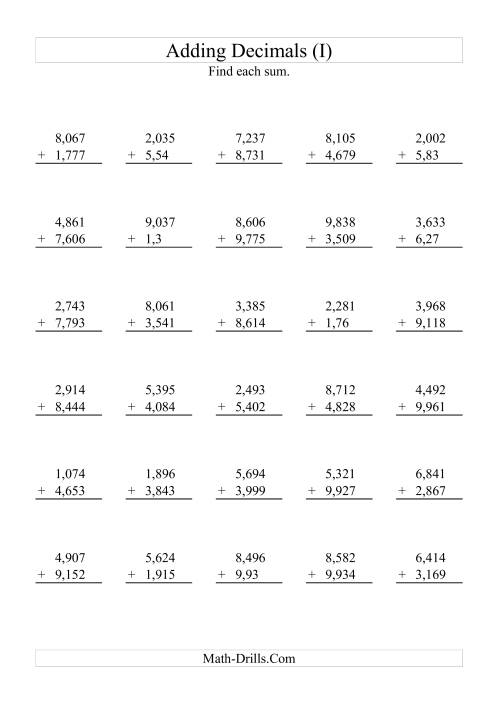 The Adding Decimals (Range 1,001 to 9,999) (I) Math Worksheet