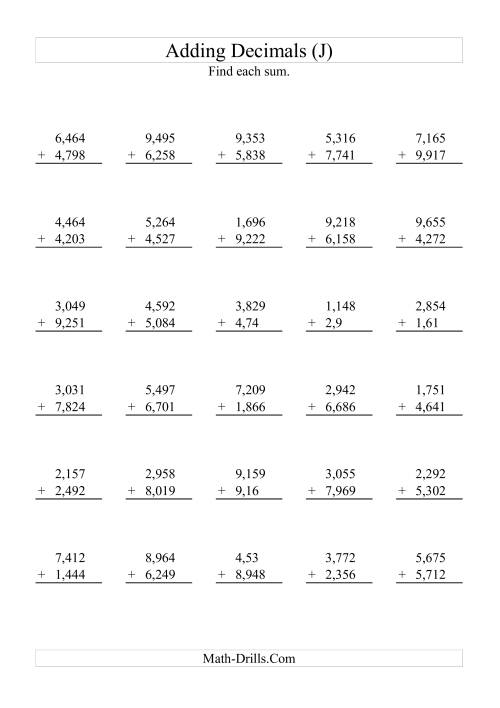 The Adding Decimals (Range 1,001 to 9,999) (J) Math Worksheet