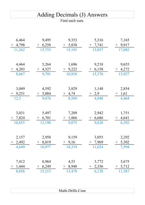 The Adding Decimals (Range 1,001 to 9,999) (J) Math Worksheet Page 2