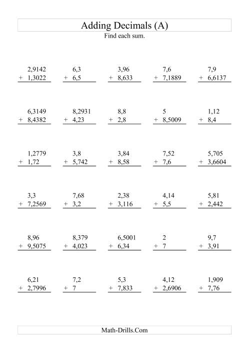 The Adding Decimals with Various Decimal Places and 1 to 9 Before the Decimal (A) Math Worksheet