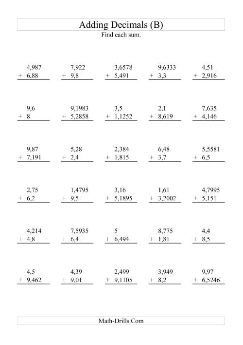 The Adding Decimals with Various Decimal Places and 1 to 9 Before the Decimal (B) Math Worksheet