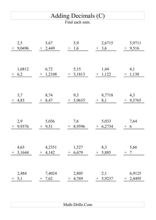 The Adding Decimals with Various Decimal Places and 1 to 9 Before the Decimal (C) Math Worksheet