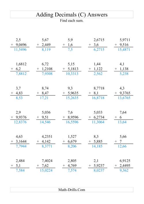 The Adding Decimals with Various Decimal Places and 1 to 9 Before the Decimal (C) Math Worksheet Page 2