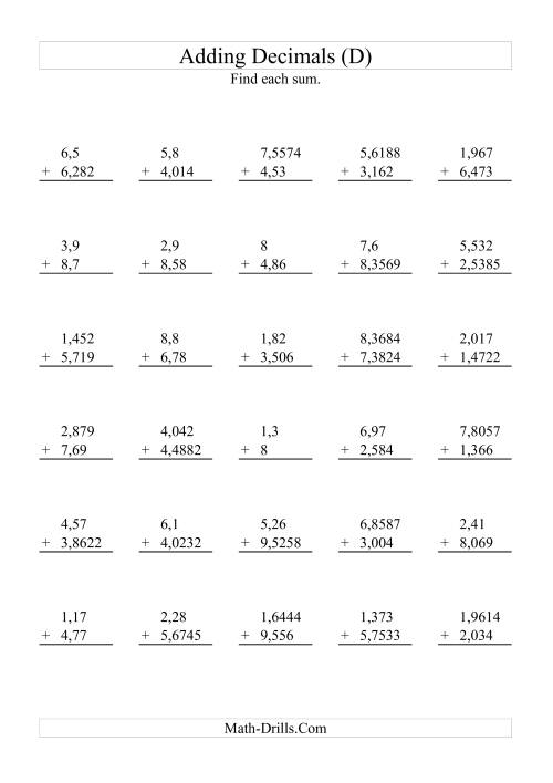 The Adding Decimals with Various Decimal Places and 1 to 9 Before the Decimal (D) Math Worksheet