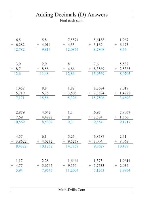 The Adding Decimals with Various Decimal Places and 1 to 9 Before the Decimal (D) Math Worksheet Page 2