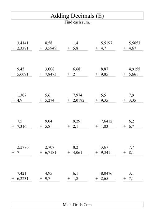 The Adding Decimals with Various Decimal Places and 1 to 9 Before the Decimal (E) Math Worksheet