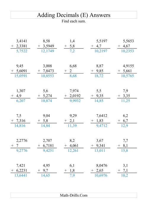 The Adding Decimals with Various Decimal Places and 1 to 9 Before the Decimal (E) Math Worksheet Page 2