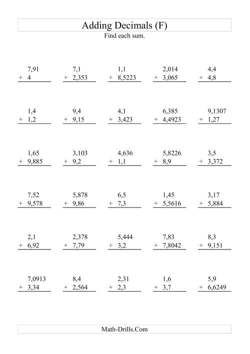 The Adding Decimals with Various Decimal Places and 1 to 9 Before the Decimal (F) Math Worksheet
