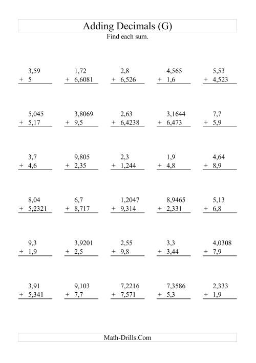 The Adding Decimals with Various Decimal Places and 1 to 9 Before the Decimal (G) Math Worksheet