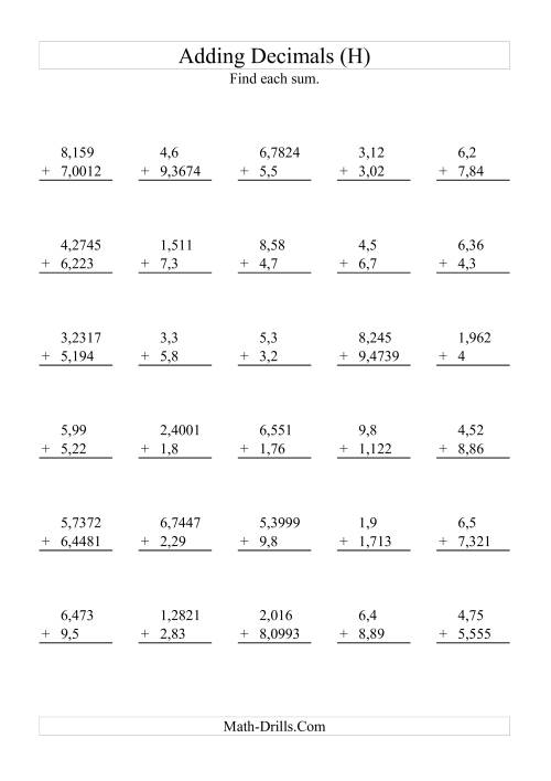 The Adding Decimals with Various Decimal Places and 1 to 9 Before the Decimal (H) Math Worksheet