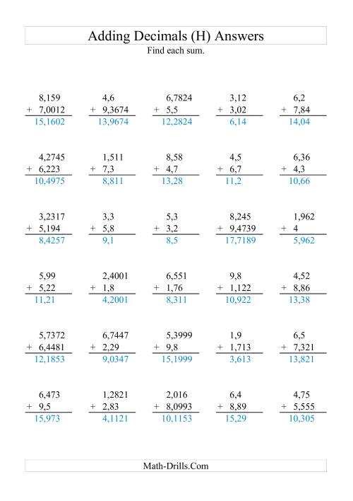 The Adding Decimals with Various Decimal Places and 1 to 9 Before the Decimal (H) Math Worksheet Page 2
