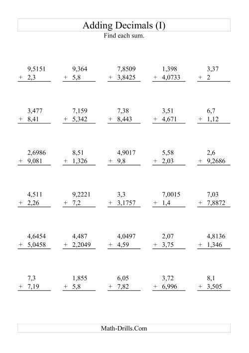 The Adding Decimals with Various Decimal Places and 1 to 9 Before the Decimal (I) Math Worksheet