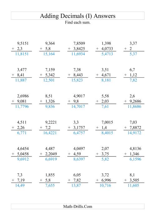 The Adding Decimals with Various Decimal Places and 1 to 9 Before the Decimal (I) Math Worksheet Page 2