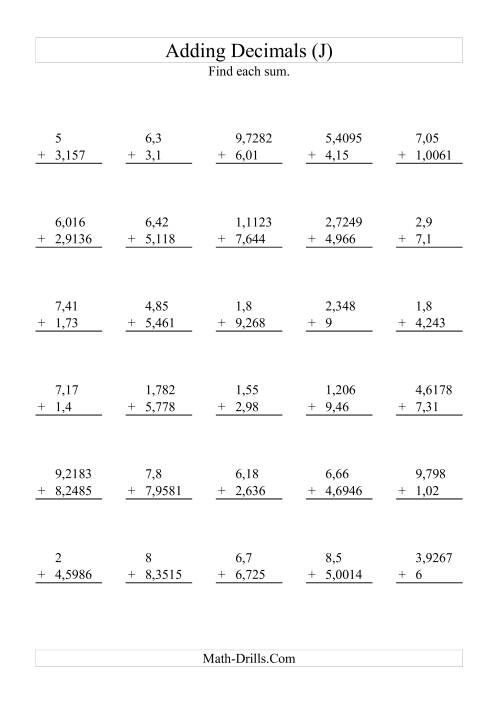 The Adding Decimals with Various Decimal Places and 1 to 9 Before the Decimal (J) Math Worksheet