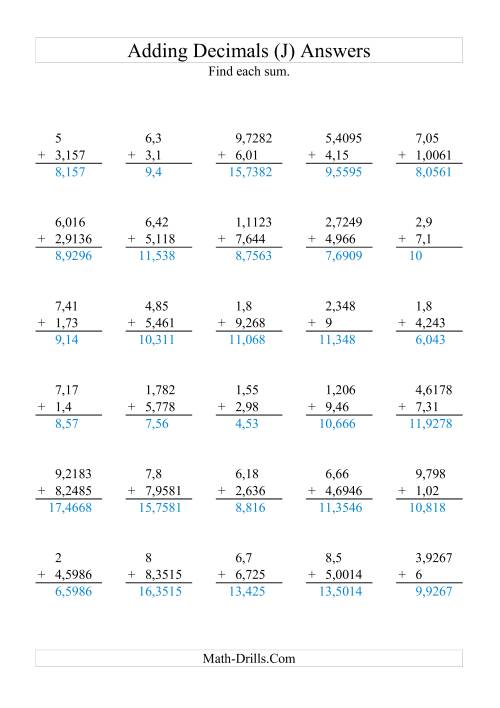 The Adding Decimals with Various Decimal Places and 1 to 9 Before the Decimal (J) Math Worksheet Page 2