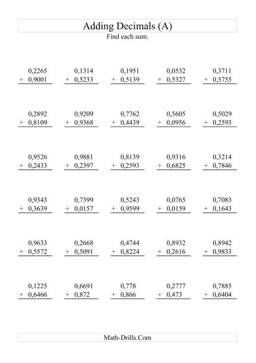The Adding Decimals (Range 0,0001 to 0,9999) (A) Math Worksheet