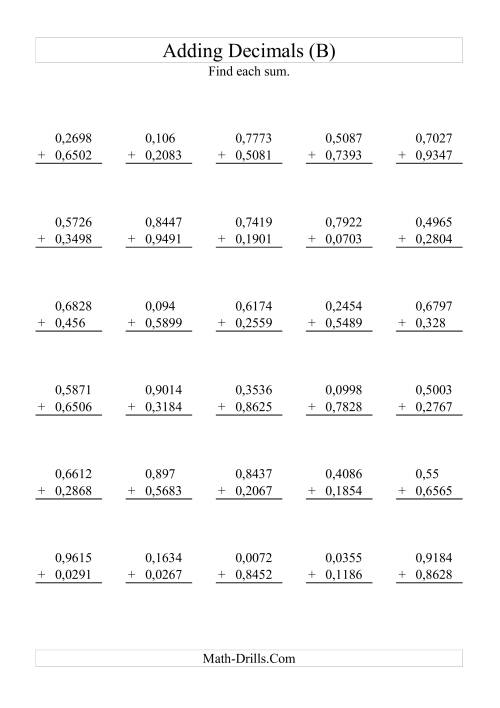 The Adding Decimals (Range 0,0001 to 0,9999) (B) Math Worksheet
