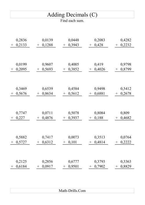 The Adding Decimals (Range 0,0001 to 0,9999) (C) Math Worksheet