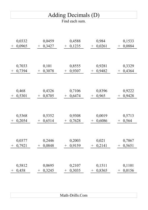 The Adding Decimals (Range 0,0001 to 0,9999) (D) Math Worksheet