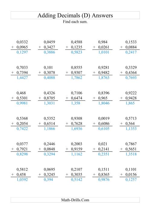 The Adding Decimals (Range 0,0001 to 0,9999) (D) Math Worksheet Page 2