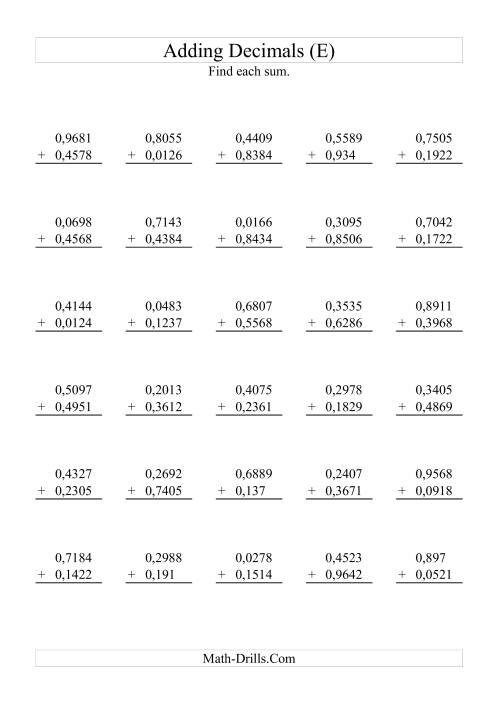 The Adding Decimals (Range 0,0001 to 0,9999) (E) Math Worksheet