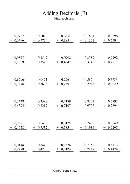 The Adding Decimals (Range 0,0001 to 0,9999) (F) Math Worksheet