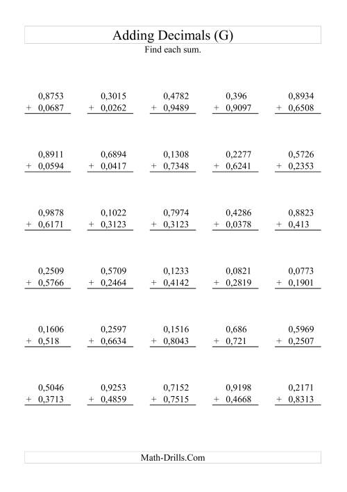The Adding Decimals (Range 0,0001 to 0,9999) (G) Math Worksheet