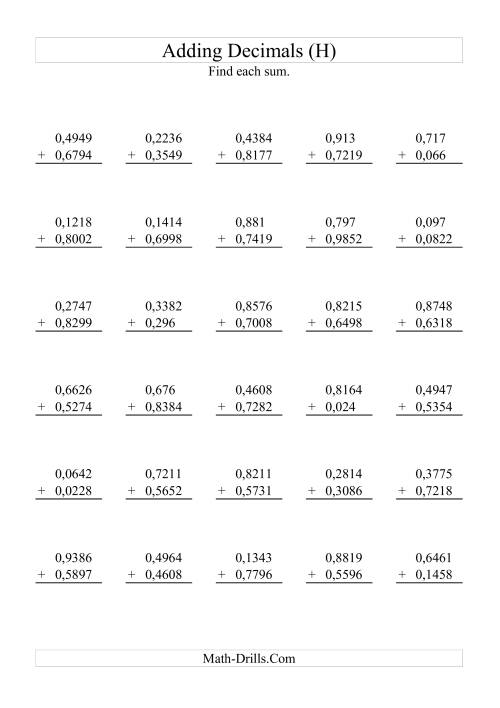 The Adding Decimals (Range 0,0001 to 0,9999) (H) Math Worksheet