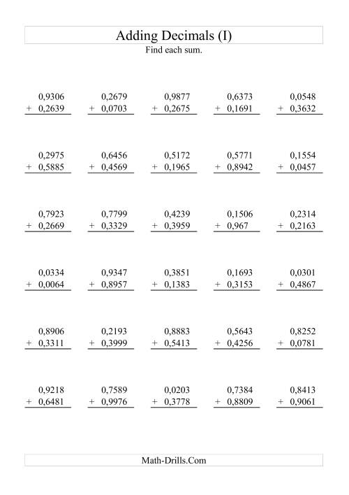 The Adding Decimals (Range 0,0001 to 0,9999) (I) Math Worksheet