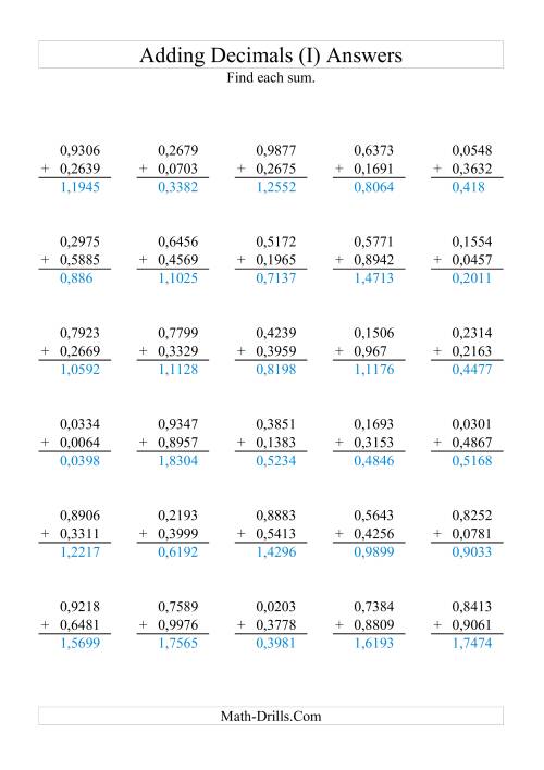 The Adding Decimals (Range 0,0001 to 0,9999) (I) Math Worksheet Page 2