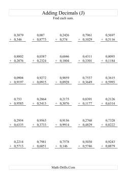 Adding Decimals (Range 0,0001 to 0,9999) (J) European Decimals Worksheet