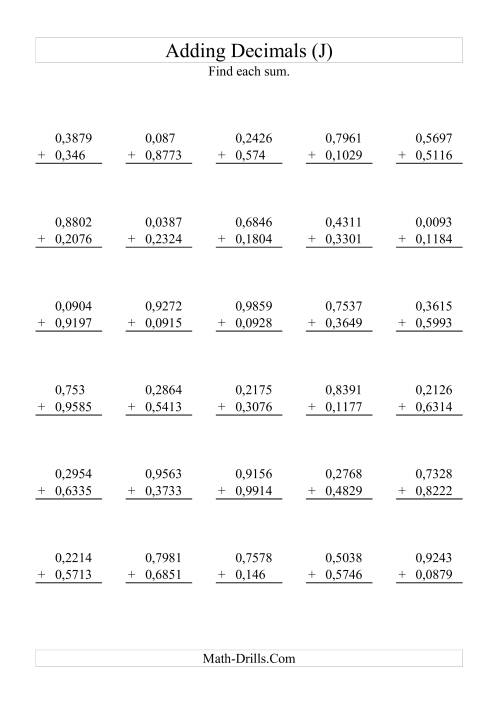 The Adding Decimals (Range 0,0001 to 0,9999) (J) Math Worksheet